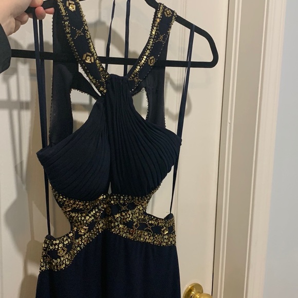 Laura Luxurious Dark Blue Long Dress Open Back with Gold Crystals - Picture 2 of 13